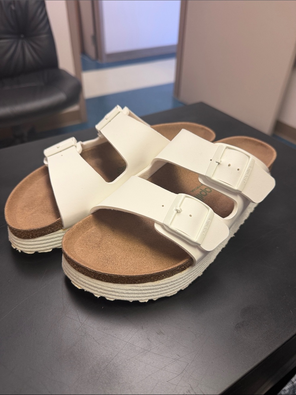 White Double-Buckle Birkenstock Slide Sandals